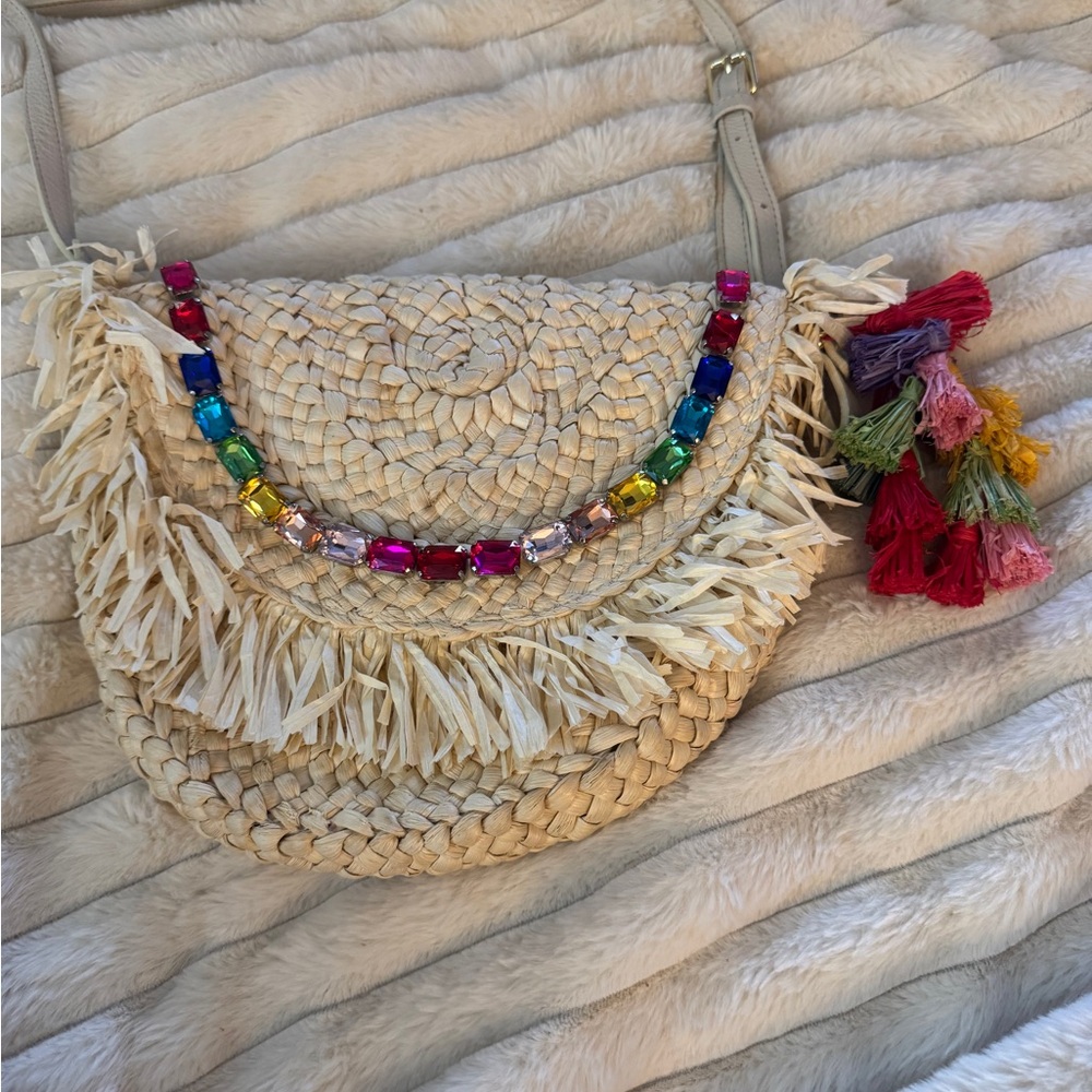 $189 BTB Los Angeles Women's Beige Holly Multicolor Crystal Straw Crossbody Bag